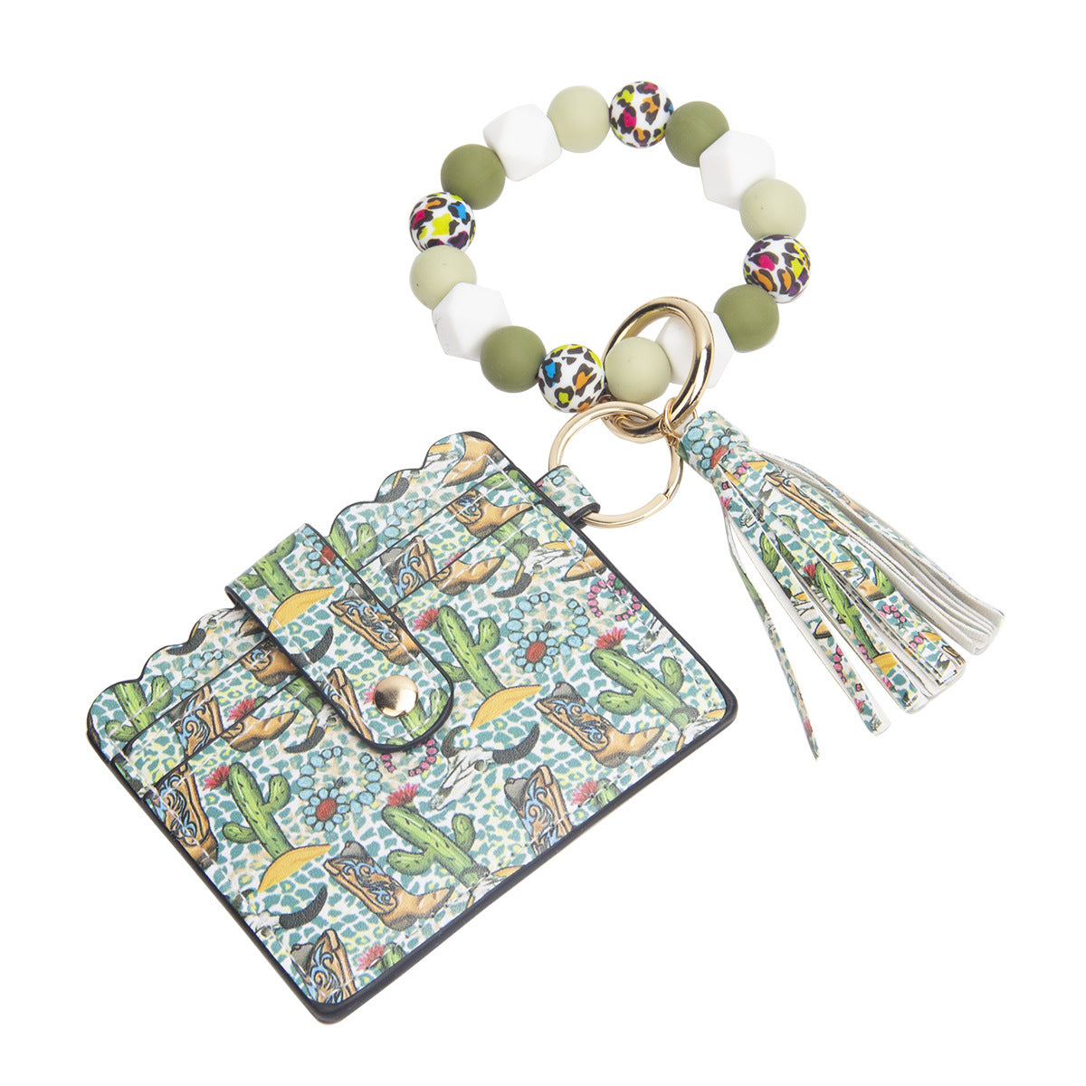 Wholesale Leopard Print Sunflower Card Holder Tassel Silicone Beaded Wrist Keychain